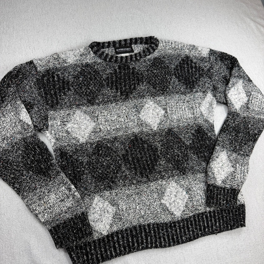 Vintage Grandpacore Diamond Knit Sweater Mens XL Marled Monochrome Coogi Style